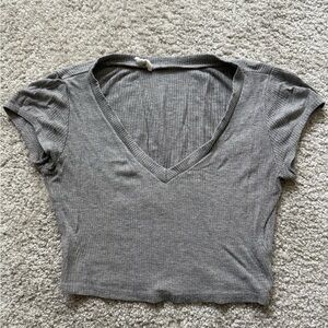Gray V-Neck Ribbed Crop Top